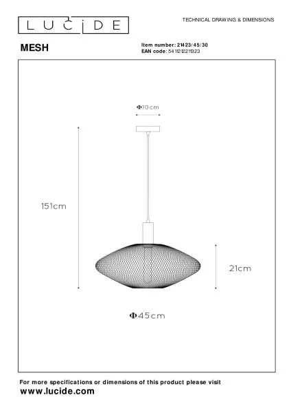 Lucide MESH - Pendant light - Ø 45 cm - 1xE27 - Black - technical